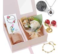 Flower Gift Baskets for Women, with Heart Necklace, Link Bracelet, Cherry Pendant, Reed Diffuser Set Birthday Gifts for Her Mom Wife Girlfriend on Valentines Mothers Day Christmas Anniversary
