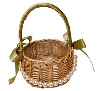 Flower Girl Basket, 9" Tall Woven Wicker Basket with Handle & Green Ribbon for Easter Weddings Party Home Garden Decor Flower Girl