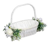 Flower Girl Baskets, 13x9" Elegant Woven White Wedding Basket with Handle Lace and Artificial Flowers for Bridal Party Wedding Flower Girl Baskets, Basket, For Gi