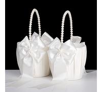Flower Girl Baskets for Wedding,Ivory Pearl Flower Girl Basket set of 2,Wedding Baskets with bow-knot for Flower Girls
