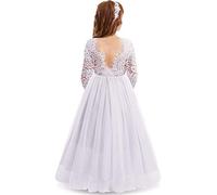 Flower Girl Dress for Weddings Kids Teenagers Long Sleeve Lace Backless Princess Tulle Tutu Special Occasion Bridesmaid Birthday Christmas Party Prom First Holy Communion Ball Gown White 9-10 Years