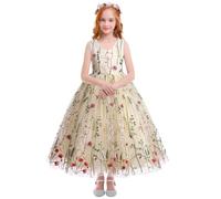 Flower Girl Dress, Kids First Communion Dresses Floral Embroidery Sleeveless V-Neck Mesh Tulle Princess A-line Puffy Wedding Bridesmaid Evening Formal Party Pageant Birthday Prom Gown Apricot 9-10Y