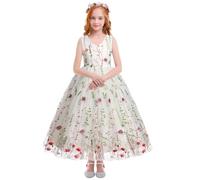 Flower Girl Dress, Kids First Communion Dresses Floral Embroidery Sleeveless V-Neck Mesh Tulle Princess A-line Puffy Wedding Bridesmaid Evening Formal Party Pageant Birthday Prom Gown White 4-5Y