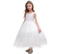 Flower Girl Dress Kids Girls Straps Flowers Embroidered Lace Suspender Dress Sleeveless Wedding Birthday Party Dress Princess Maxi Dress Elegant Soft Children's Dress for Performance, White, 4-5 Years