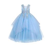 Flower Girl Dress Kids Wedding Bridesmaid Princess Tutu Tulle Floral Embroidery Shiny Sequins Sleeveless Maxi Long Dress for Evening Birthday Party Pageant Communion Chritstening Blue 5-6 Years