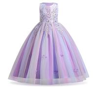 Flower Girl Dress Lace Embroidered Sleeveless Tulle Princess Dress Elegant Long Prom Dress Kids Festive Pageant Wedding Bridesmaids Cocktail Party Dress First Communion Dress, Rainbow Purple, 9-10
