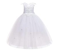 Flower Girl Dresses for Wedding Sleeveless Floral Lace Princess Tulle Tutu Big Little Girls Junior Bridesmaid Dresses First Communion Pageant Birthday Party Maxi Prom Gown White2 9-10 Years