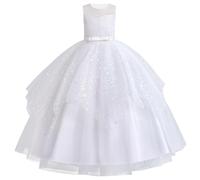 Flower Girl Dresses Sleeveless Floral Lace Princess Tulle Tutu Junior Bridesmaid Wedding First Communion Pageant Formal Birthday Party Maxi Prom Gown for Kids Dance Tutus Sequin White 9-10 Years