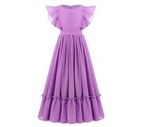Flower Girl Flowy Ruffle Chiffon Trim A-Line Dress for Kid Wedding Junior Bridesmaid Communion Party Princess Pageant Long Maxi Belted Prom Formal Evening Dance Ball Gown Purple 11-12 Years
