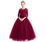 Flower Girl Lace Tulle Lace Embroidered Princess Wedding Party Dress Kids 3/4 Sleeve Floor Length Junior Bridesmaid Formal Pageant Prom Gown Christmas Birthday Gifts Burgundy 13-14 Years