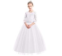 Flower Girl Lace Tulle Lace Embroidered Princess Wedding Party Dress Kids 3/4 Sleeve Floor Length Junior Bridesmaid Formal Pageant Prom Gown Christmas Birthday Gifts White 9-10 Years