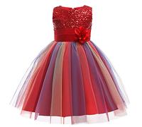 Flower Girl Sequence Sequin Rainbow Tulle Wedding Party Dresses Bridesmaid Birthday Pageant Ball Gown (Red#1, 5-6 Years)