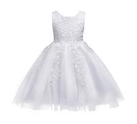 Flower Girl Wedding Dress Elegant Floral Lace Princess Baby Kids Tulle Tutu Sleeveless Round Neck Bow Communion Bridesmaid Party Evening Birthday Christening Short White 9-10 Years
