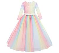 Flower Girls 3/4 Sleeve Floral Lace Tulle First Communion Pageant Dresses Kids Big Girls Princess Birthday Carnival Christmas Bridesmaid Wedding Party Prom Ball Gown Rainbow-White 5-6 Years