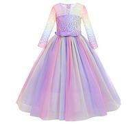Flower Girls 3/4 Sleeve Floral Lace Tulle First Communion Pageant Dresses Kids Big Girls Princess Birthday Carnival Christmas Bridesmaid Wedding Party Prom Ball Gown Rainbow-Purple 7-8 Years