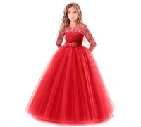 Flower Girls 3/4 Sleeve Long Tulle Floral Lace First Communion Pageant Dress Kids Floor Length Birthday Princess Bridesmaid Wedding Evening Maxi Dress A line Formal Party Prom Ball Gowns Red 9-10