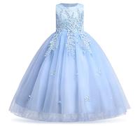 Flower Girls Dress Floral Embroidered Lace Sleeveless Tulle Wedding Bridesmaid Birthday Formal Party Long Tutu Kids Princess Pageant First Communion Evening Prom Ball Gown Sky Blue 5-6 Years
