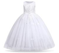 Flower Girls Dress Floral Embroidered Lace Sleeveless Tulle Wedding Bridesmaid Birthday Formal Party Long Tutu Dresses Kids Princess Pageant First Communion Evening Prom Ball Gown White 9-10 Years