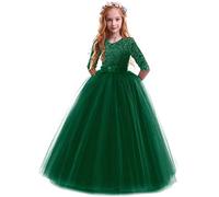 Flower Girls Dress Kids Lace Tutu Tulle Princess Party Pageant Wedding Bridesmaid Maxi Long Dress Little Big Girl First Communion Birthday Evening Formal Cocktail Ball Prom Gown Dark Green 9-10 Years