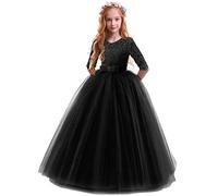 Flower Girls Dress Kids Lace Tutu Tulle Princess Party Pageant Wedding Bridesmaid Maxi Long Dress Little Big Girl First Communion Birthday Evening Formal Cocktail Ball Prom Gown Black 11-12 Years