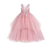 Flower Girls Floral Embroidered Dress Sleeveless Sequin Tulle Party Dress Princess Wedding Birthday Pageant Long Maxi Prom Ball Gown Pink 11-12 Years