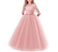 Flower Girls Lace 3/4 Sleeve Dress Wedding Bridesmaid First Communion Evening Party Floor Length Dress Kids Princess Pageant Birthday Prom Carnival Christmas Ball Gown Pink 5-6 Years