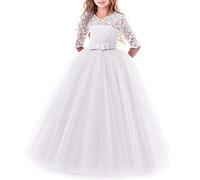 Flower Girls Lace 3/4 Sleeve Dress Wedding Bridesmaid First Communion Evening Party Floor Length Dress Kid Toddler Princess Pageant Birthday Prom Carnival Christmas Ball Gown White 7-8 Years