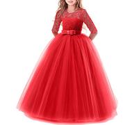 Flower Girls Lace 3/4 Sleeve Dress Wedding Bridesmaid First Communion Evening Party Floor Length Dress Kids Princess Pageant Birthday Prom Carnival Christmas Ball Gown Red 3-4 Years