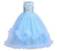 Flower Girls Lace Embroidery Wedding Bridesmaid Princess Pageant Dress Kids Junior First Communion Birthday Party Maxi Long Dresses Big Girl Formal Evening Dance Prom Ball Gowns Blue 13-14 Years