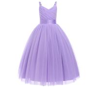Flower Girls Princess Pleated Long Dress Wedding Bridesmaid Prom Ball Gown Dresses Embroidered Floral Lace Elegant V Neck Dress Light Purple 170