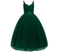 Flower Girls Princess Pleated Long Dress Wedding Bridesmaid Prom Ball Gown Dresses Embroidered Floral Lace Elegant V Neck Dress Deep Green 170