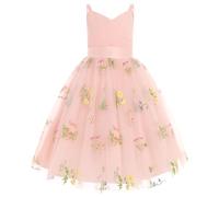 Flower Girls Princess Pleated Long Dress Wedding Bridesmaid Prom Ball Gown Dresses Embroidered Floral Lace Elegant V Neck Dress Pink Yellow 170