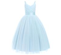 Flower Girls Princess Pleated Long Dress Wedding Bridesmaid Prom Ball Gown Dresses Embroidered Floral Lace Elegant V Neck Dress Light Blue 120