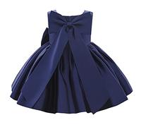 Flower Girls Wedding Dress - Kids Pageant Bridesmaid Baby Silky Satin Bowknot Toddler Princess Birthday Party Christening Baptism Formal Prom Gown - Navy Blue Bow 5-6 Years