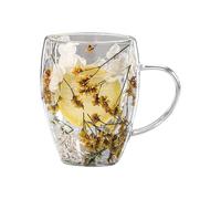 Flower Glass Double Wall Glass, Dry Flowers Double Walled Coffee Mugs, Dried Flowers Glass Tea Cup, 350ml Dried Flowers Glass Cups With Handle Anti-Scalding Coffee Cups Mugs For Tea, Coffee Yellow