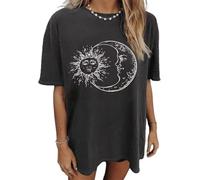 Flower Graphic Oversize Tshirt Women Vintage Wildflowers T-Shirts Sun and Moon Vacation Tee Summer Casual Loose Tee Top, A-grey, M