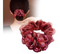 Flower Hair Scrunchies for Women,Rhinestone Elastic Hair Bands,Large Elastic Hair Ties, Sparkling Crystal Ponytail Holders Hair for Parties Daily Use Elastics and Ties Hair Accessories (Red)