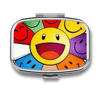 Flower Happy Face Pattern Pill Box Travel Pill Organizer 2-Compartment with Mirror Design Portable Square Medicine Case for Vitamins, Jewelry & Essentials Durable Pocket Pillcase for Purse, Camping