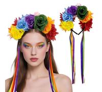 Flower Headband Rose Crown Day of the Dead Headpiece with Ribbon Tassels Women Halloween Party Carnival Parade Festival Colorful Hair Accessories (Colorful, Large)
