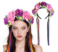 Flower Headband Rose Crown Day of the Dead Headpiece with Ribbon Tassels Women Halloween Party Carnival Parade Festival Colorful Hair Accessories (Pink, Large)