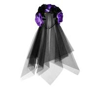 Flower Headband with Black Veil Halloween Rose Headwear for Women Adult Floral Headwear Gothic Hair Band Fancy Dress Up Costume Hair Accessory Halloween Day of the Dead Cosplay Party (Black+purple)