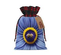Flower heart bee Christmas Drawstring Gift Bags, M Rustic Linen Tartan Pouches with Tags for Wedding Party Favours
