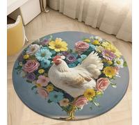Flower Heart Chicken Area Rug Washable Circle Carpet Non-Slip Round Floor Rug Small Low Pile Waterproof Print Door Mat Pad Decor for Bedroom Living Room Bathroom Kitchen 60 * 60cm