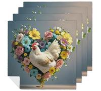 Flower Heart Chicken Cloth Napkins Set of 4 Polyester Dinner Napkin Reusable Spring Table Napkins 18 X 18 Inch Outdoor Stain Resistant Table Decoration for Wedding Party