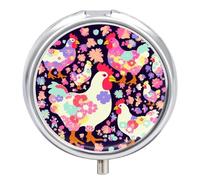 Flower Heart Chicken Round Pill Box 3 Compartment Medicine Pill Organizer with Mirror Travel Small Pill Case Cute Vitamin Organizer Portable Daily Pill Container for Pocket Purse