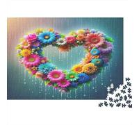 Flower Heart Wreath 1000 Piece Jigsaw Puzzle Love on Rainy Days Difficult Durable Interlocking Pieces Premium Thick Cardboard for Women&Men 52x38cm/1000pcs