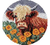 Flower Highland Cow Round Latch Hook Kits Rug DIY Cushion Tapestry Making Crochet Hook Mat Making Kits with Color Preprinted Pattern Canvas Rug Cushion Carpet Needlework Crochet Kits 50x50cm