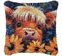 Flower Highland Cow Square Latch Hook Kits Pillow DIY Cushion Making Crochet Hook Rug Making Kits Color Preprinted Pattern Canvas DIY Arylic Yarn Hooking Kits Set 17x17inch