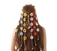 Flower Hippie Headband Floral Tassel Headband Summer Sunflower Crown Bead Adjustable Headdress Fabric Daisy Headpiece Flower Rope Head Accessories Colorful