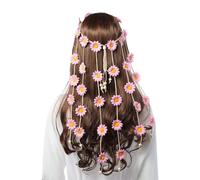 Flower Hippie Headband Floral Tassel Headband Summer Sunflower Crown Bead Adjustable Headdress Fabric Daisy Headpiece Flower Rope Head Accessories Pink